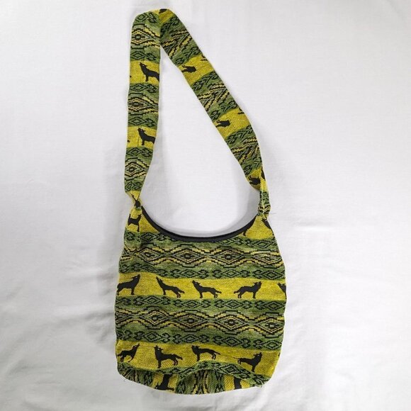 Woven Embroidered Black Green Yellow Wolf Hippie Boho Crossbody Bag - Picture 3 of 7